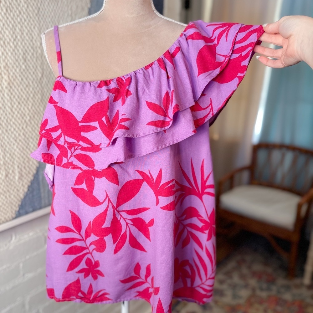 Old Navy Pink and Purple Floral Asymmetrical Ruffle Shoulder Tank Top